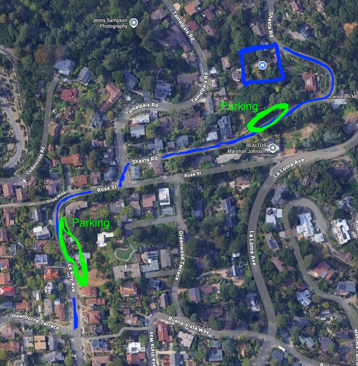 map showing the route to oppen.house with parking areas marked